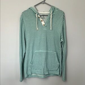Minty green hoodie with navy stripe.